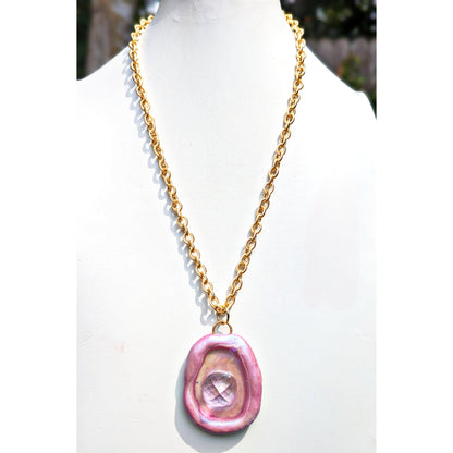 Pink Faceted Gem Soft Glowy Pink Necklace with Gold Plated AMAZING Chain Statement Sugar Gay Isber