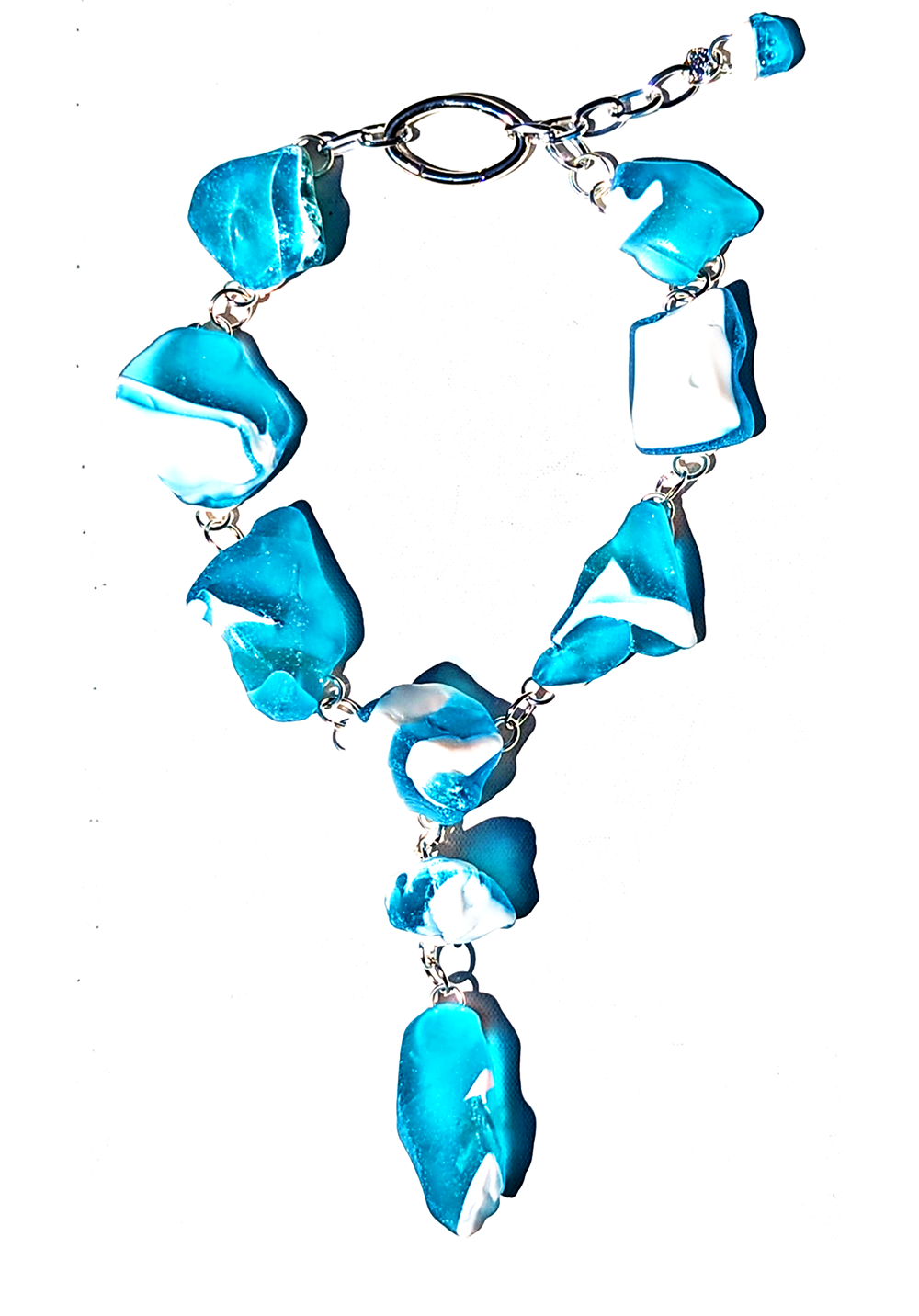 Bam Bam Matte Glass Rocks Aqua White Statement Necklace Fashion Artisan USA Sugar Gay Isber