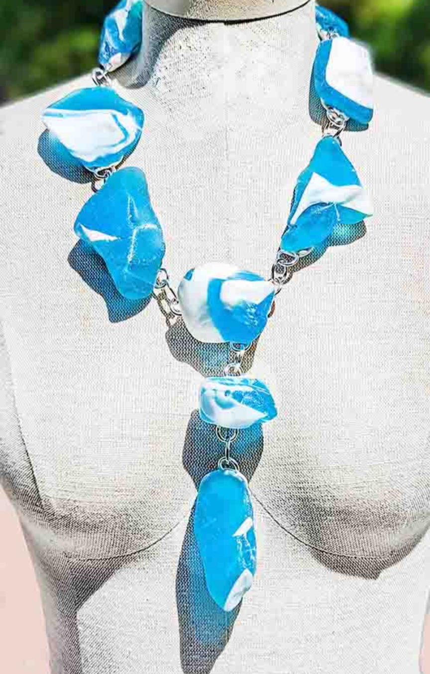 Bam Bam Matte Glass Rocks Aqua White Statement Necklace Fashion Artisan USA Sugar Gay Isber