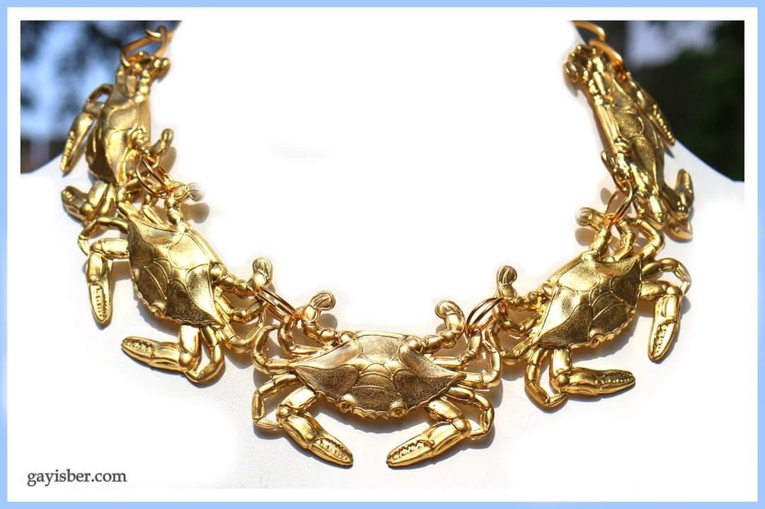 24K Gold Plated Crab Collar Necklace USA Made Brass 18 inches adjustable Sugar Gay Isber