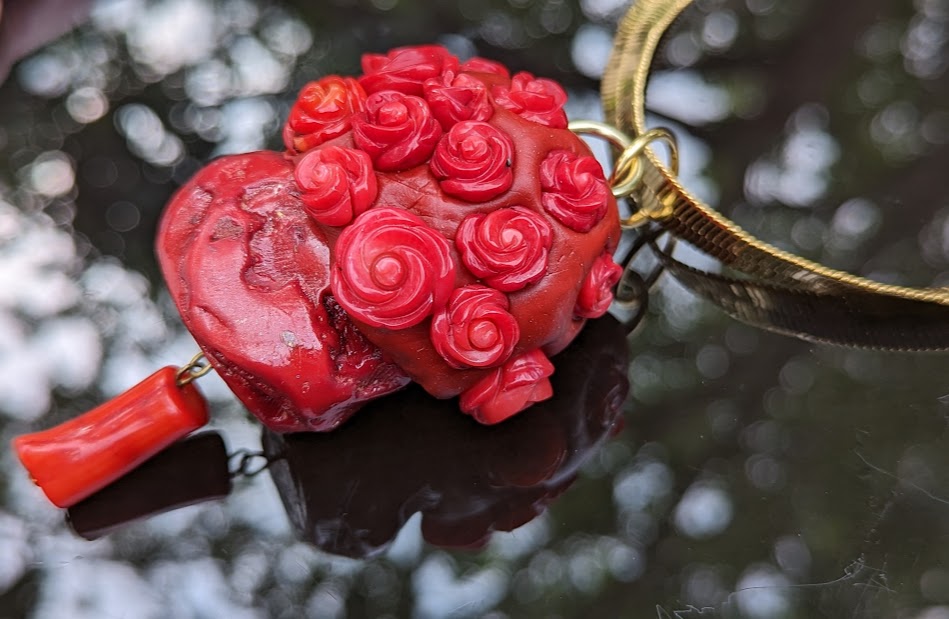 Red Coral Chunk with Hand Carved Red Coral Roses 30-inch gold chain by Gay Isber 1 of 1