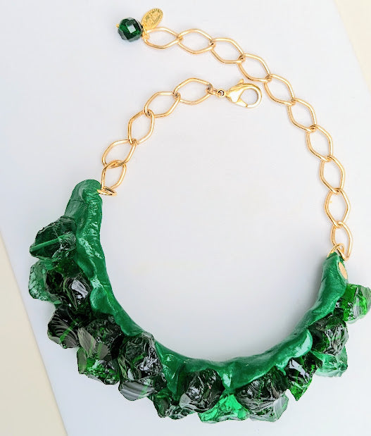 Emerald Green Glass Nugget Collar Necklace Statement Fashion Sugar Gay Isber 1 of 1