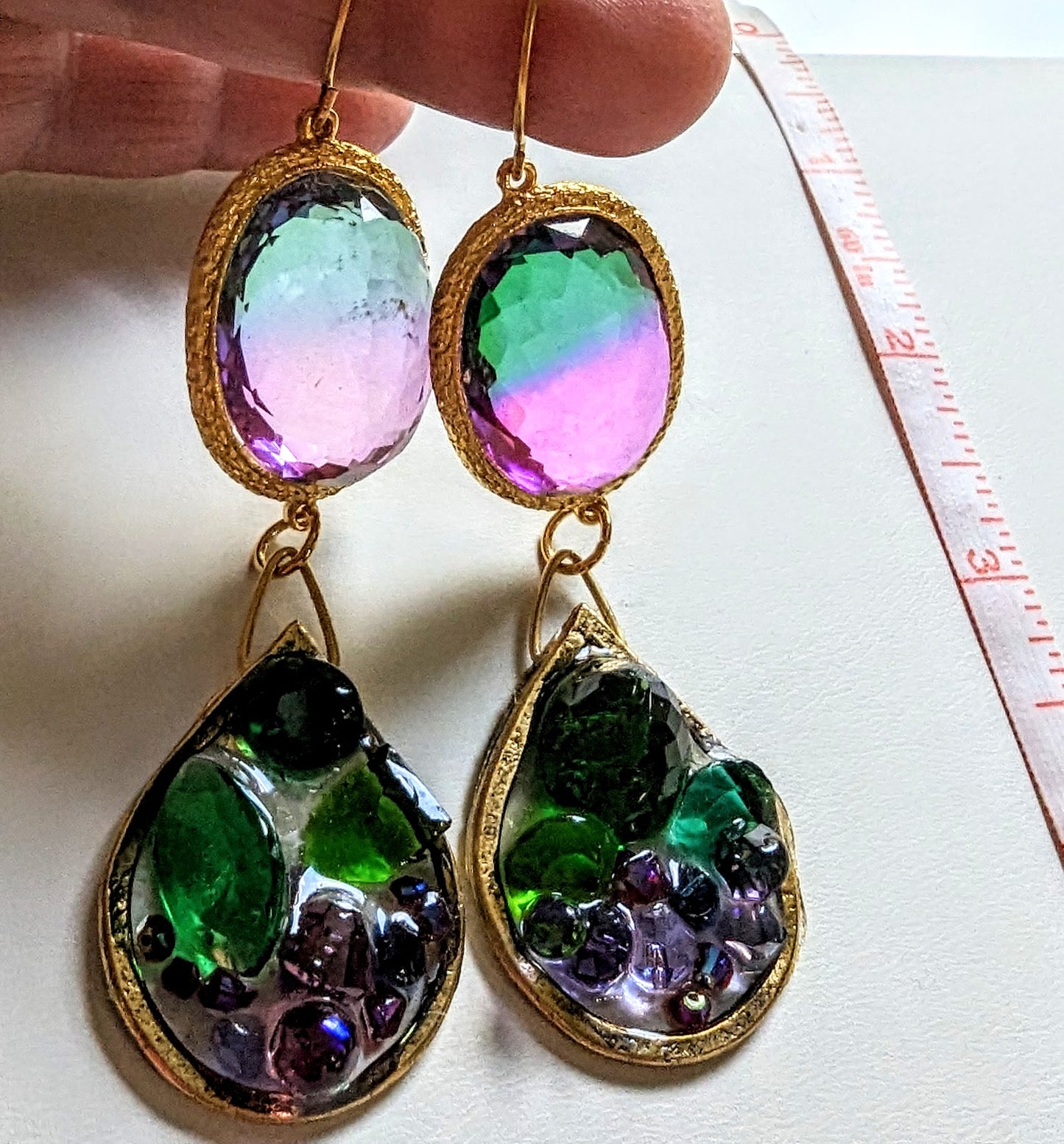 Green Purple Earrings Lab Create Faceted Gems Hand Made Sugar Gay Isber USA adult women