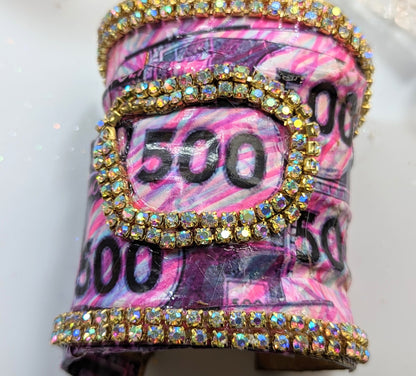 Monopoly Money Inspired WOW Sparkly Large Cuff Bracelet Pink Sugar Gay Isber US Made