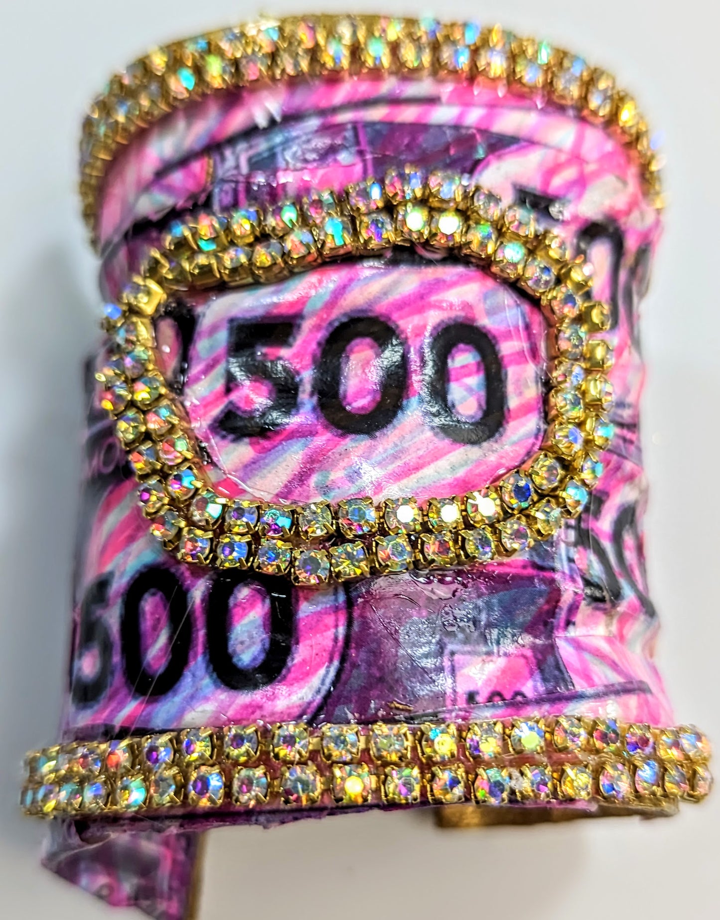 Monopoly Money Inspired WOW Sparkly Large Cuff Bracelet Pink Sugar Gay Isber US Made