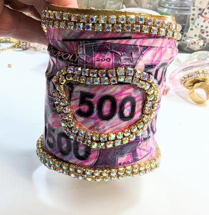 Monopoly Money Inspired WOW Sparkly Large Cuff Bracelet Pink Sugar Gay Isber US Made