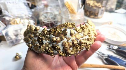 Gold White Fall Bridal Statement Necklace One of a Kind Sugar Gay Isber Brass Leaves Acorns Mushrooms ++