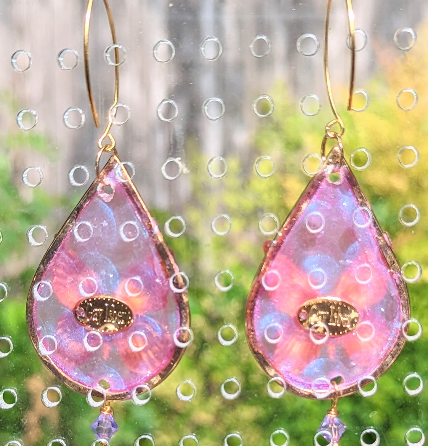 Beautiful Brass Butterfly Earrings Pink Alexandrite flash Gold Plated USA Made Gay Isber 3.5 inches