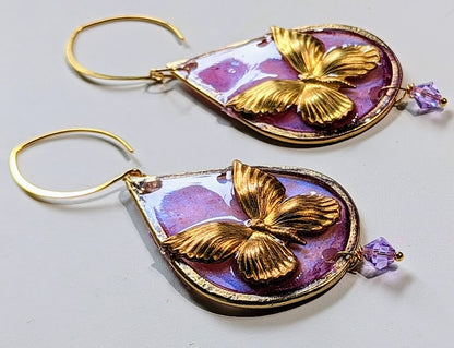 Beautiful Brass Butterfly Earrings Pink Alexandrite flash Gold Plated USA Made Gay Isber 3.5 inches