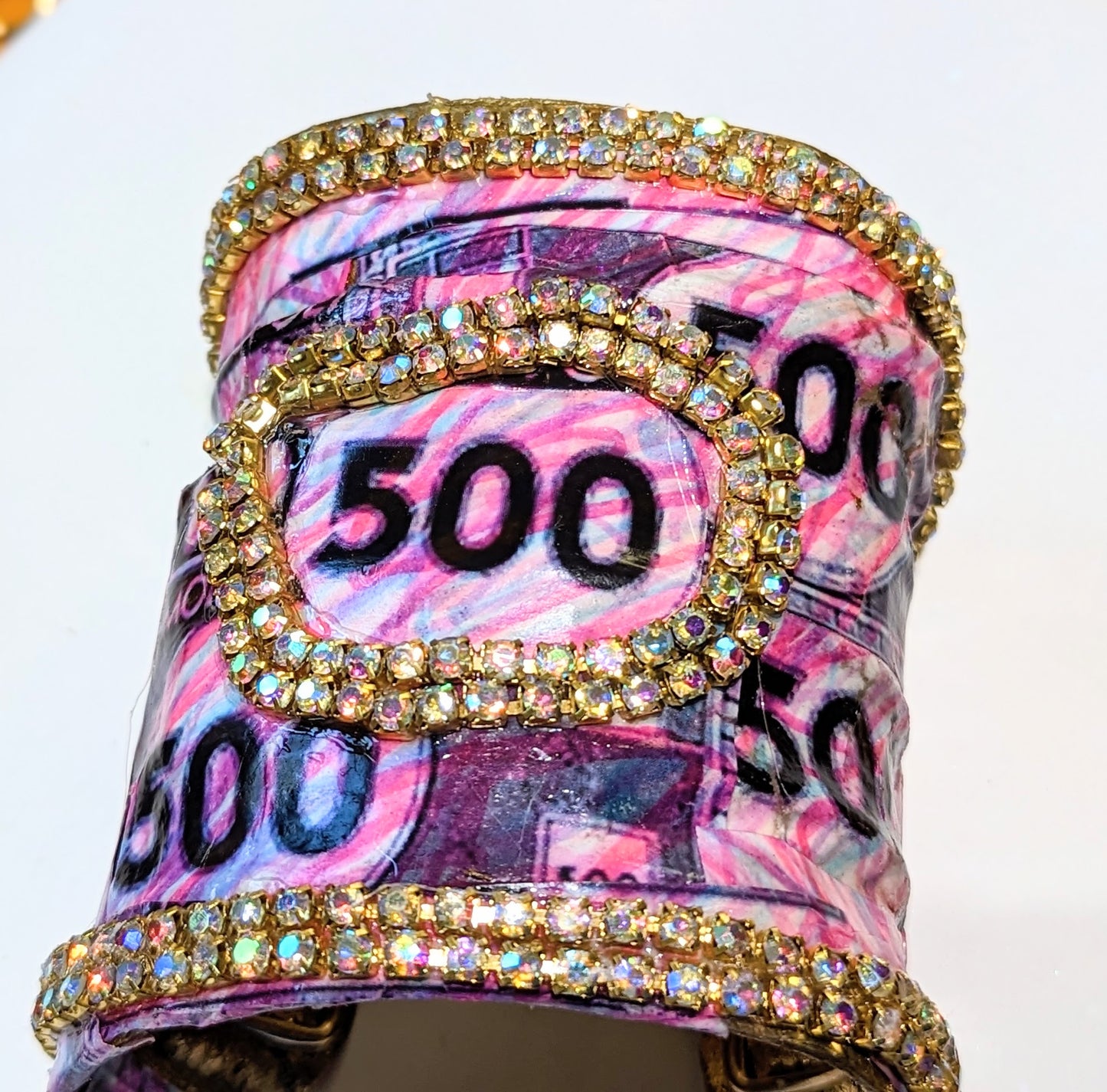 Monopoly Money Inspired WOW Sparkly Large Cuff Bracelet Pink Sugar Gay Isber US Made