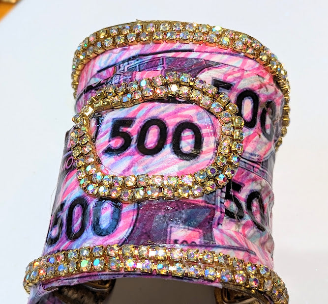 Monopoly Money Inspired WOW Sparkly Large Cuff Bracelet Pink Sugar Gay Isber US Made