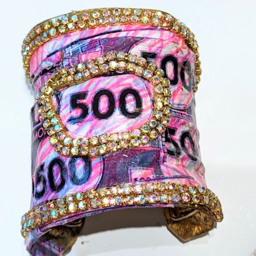 Monopoly Money Inspired WOW Sparkly Large Cuff Bracelet Pink Sugar Gay Isber US Made