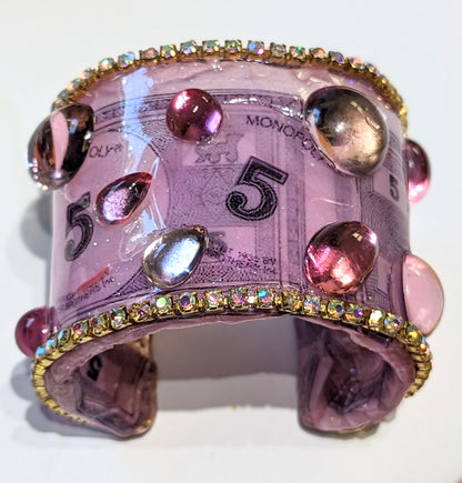 Monopoly Money Inspired WOW Sparkly Cuff Bracelet Pink Sugar Gay Isber US Made