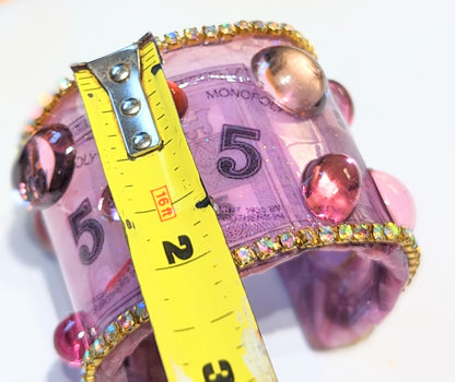 Monopoly Money Inspired WOW Sparkly Cuff Bracelet Pink Sugar Gay Isber US Made