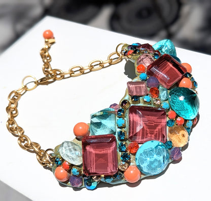 Lab Created Giant Faceted Color Changing Alexandrites Aqua Coral Swarovski Collar Statement Necklace Artisan USA Sugar Gay Isber 1 of 1