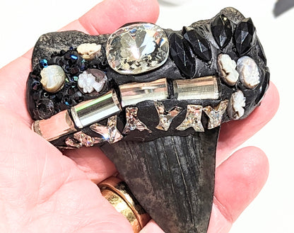 Real Megalodon Shark Tooth Fossil pendant Black MOP Tiny MOP Cameos Swarovski Unisex Beach Wedding Ocean Dentist Statement Sugar Gay Isber