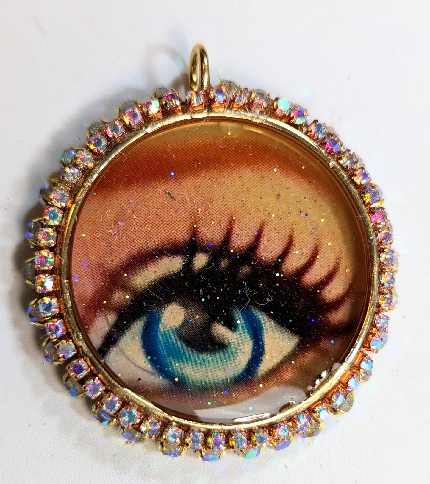 Pink Barbie Eye Pendant Gold Plated USA Made Sparkle Sugar Gay Isber almost 2 inches