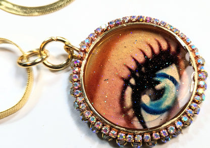 Pink Barbie Eye Pendant Gold Plated USA Made Sparkle Sugar Gay Isber almost 2 inches