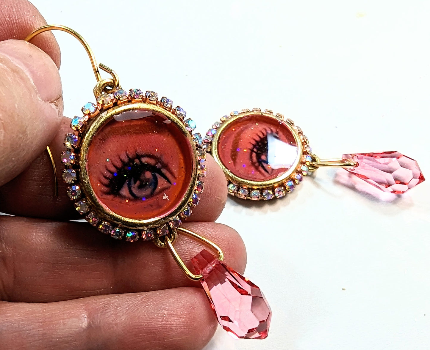 Pink Barbie Eye Earrings Gold Plated USA Made Sparkle Sugar Gay Isber 2 inches