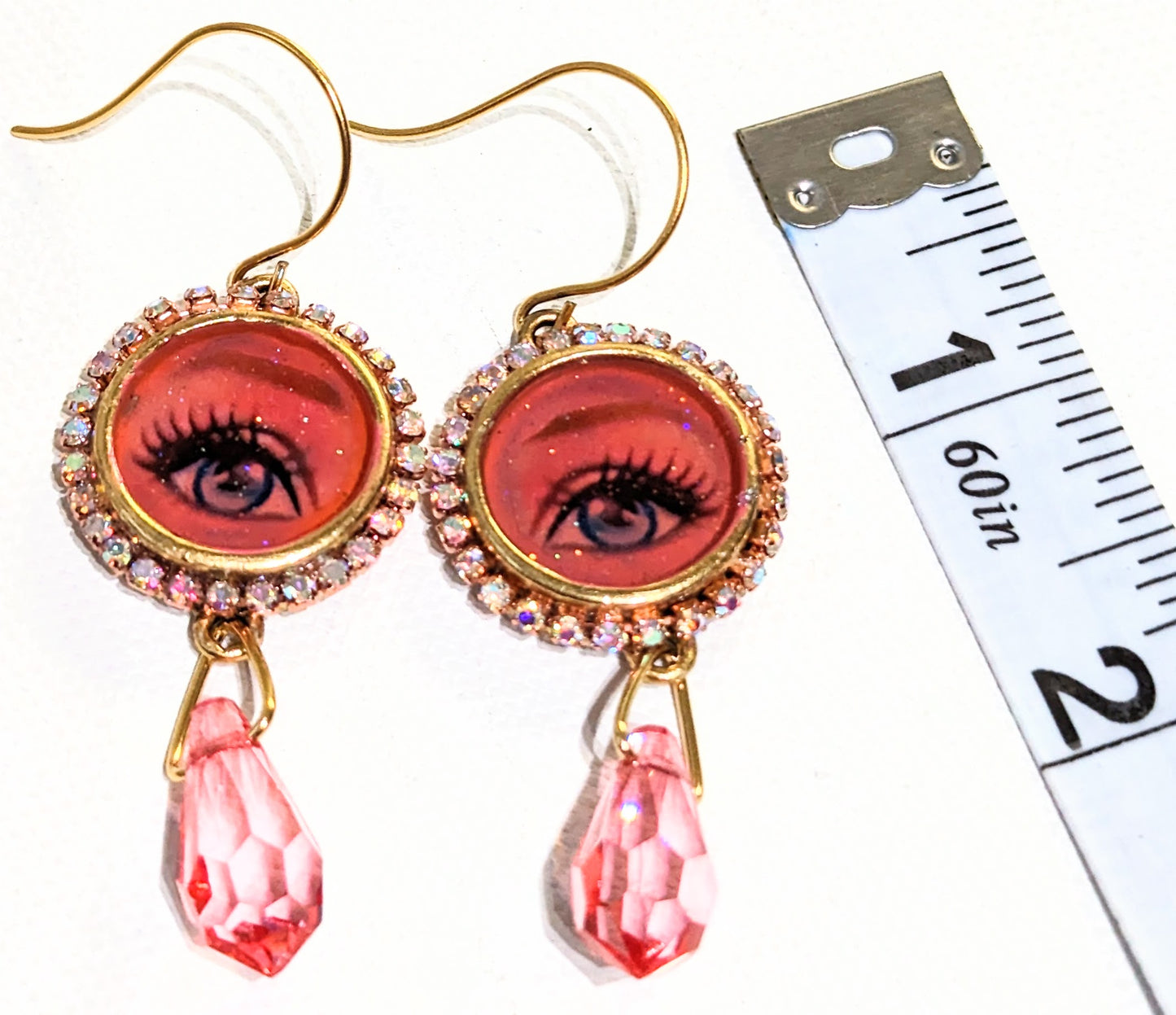 Pink Barbie Eye Earrings Gold Plated USA Made Sparkle Sugar Gay Isber 2 inches