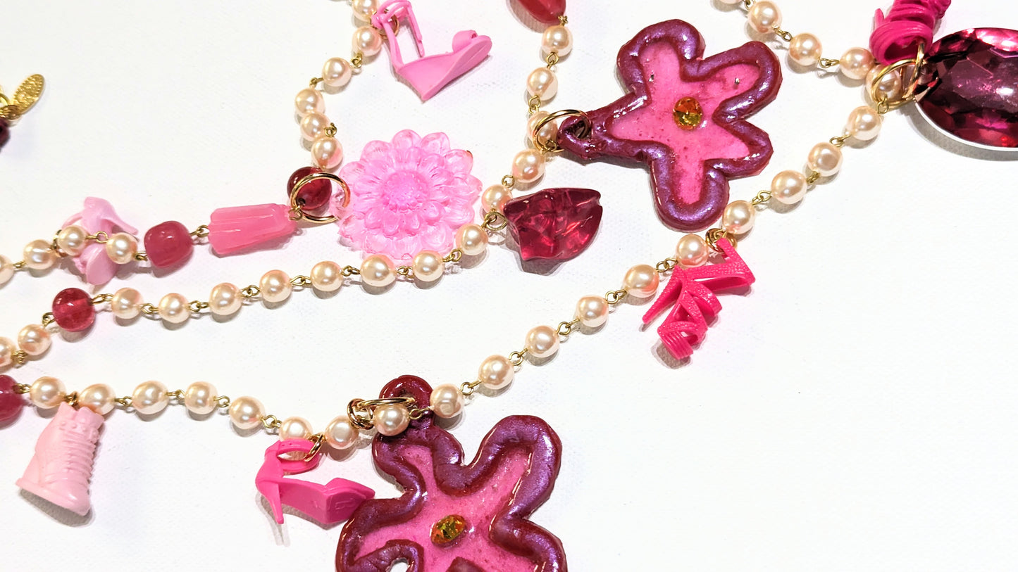 Barbie Shoe and Flower Power Hot Pink Necklace Pearls Vintage Sugar Gay Isber Multi-strand