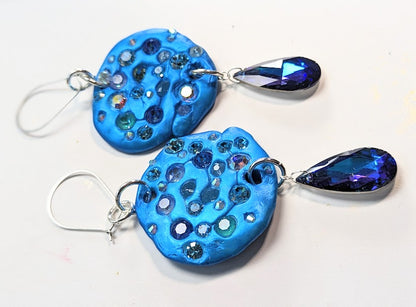 Round Blue Swarovski with Silver hooks Earrings USA made Gay Isber Free shipping 3 inches