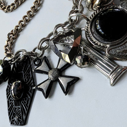 Silver and black vintage charm necklace Swarvoski Heart Horn Leaf Maltese Cross 21 in Sugar Gay Isber Unisex