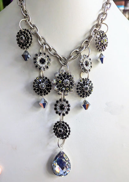 Swarovski Silver Vintage Sparkle Black Evening Bling Drop Necklace Handmade Sugar Gay Isber USA One of a kind