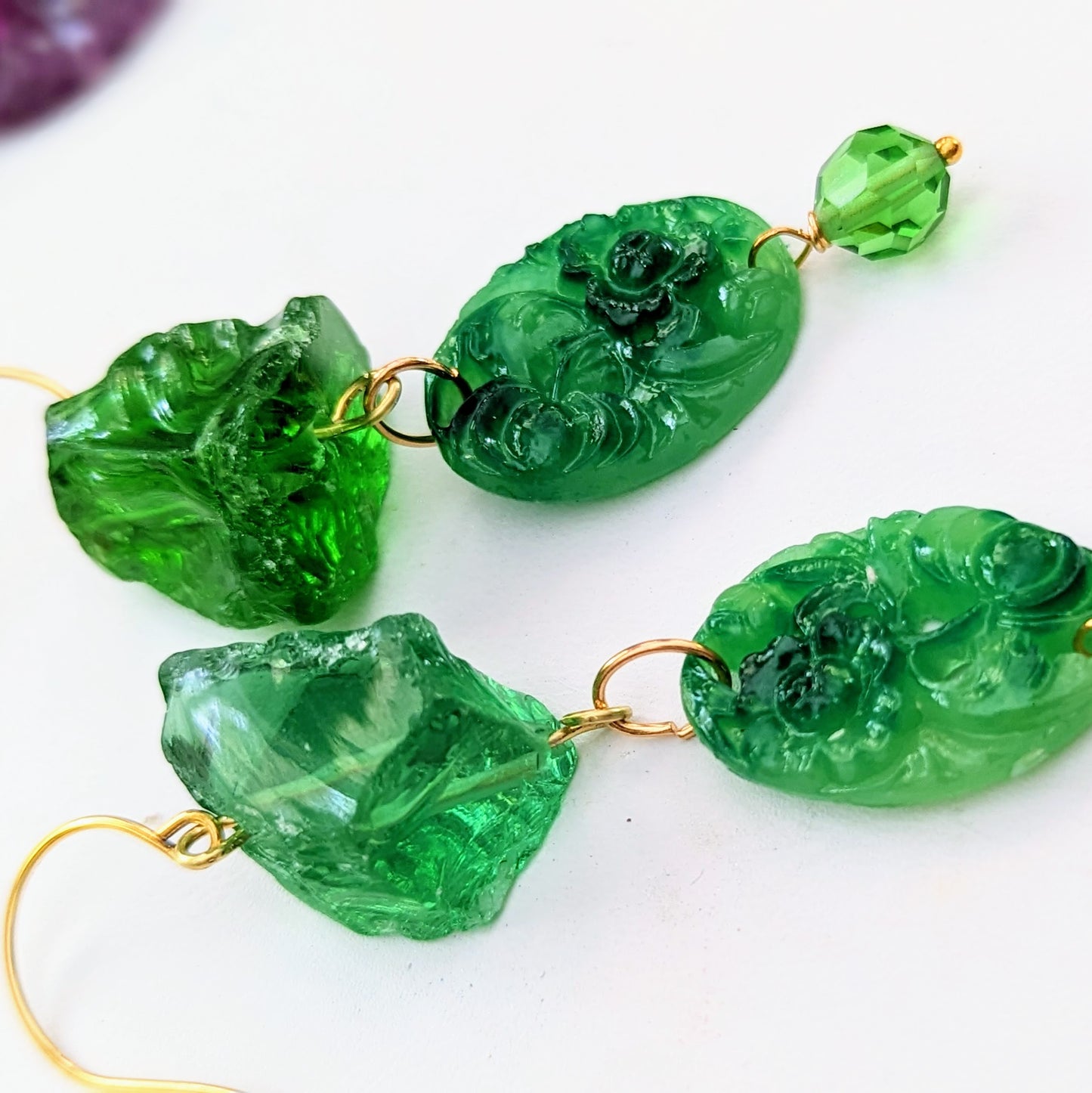 Green Handmade Vintage Beads Swarovski Drop Earrings USA made Gay Isber Free shipping 3.5 inches