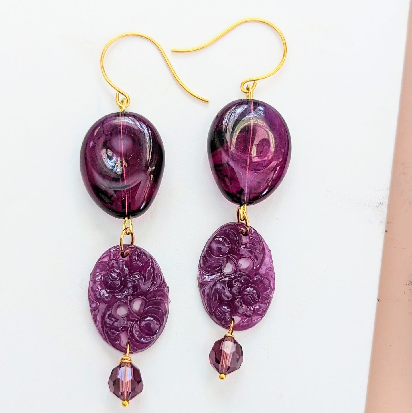 Purple Handmade Vintage Beads Swarovski Drop Earrings USA made Gay Isber Free shipping 3.5 inches