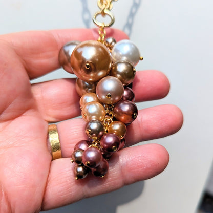 Rose Gold Pinks and Cream Grape Pearl Cluster on a Gold Plated AMAZING Textured Vintage Chain Unisex Statement Sugar Gay Isber