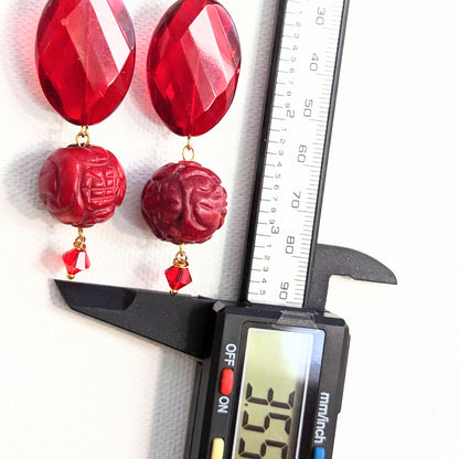 Red Carved Vintage Coral Glass Swarovski Earrings USA made Gay Isber Free shipping