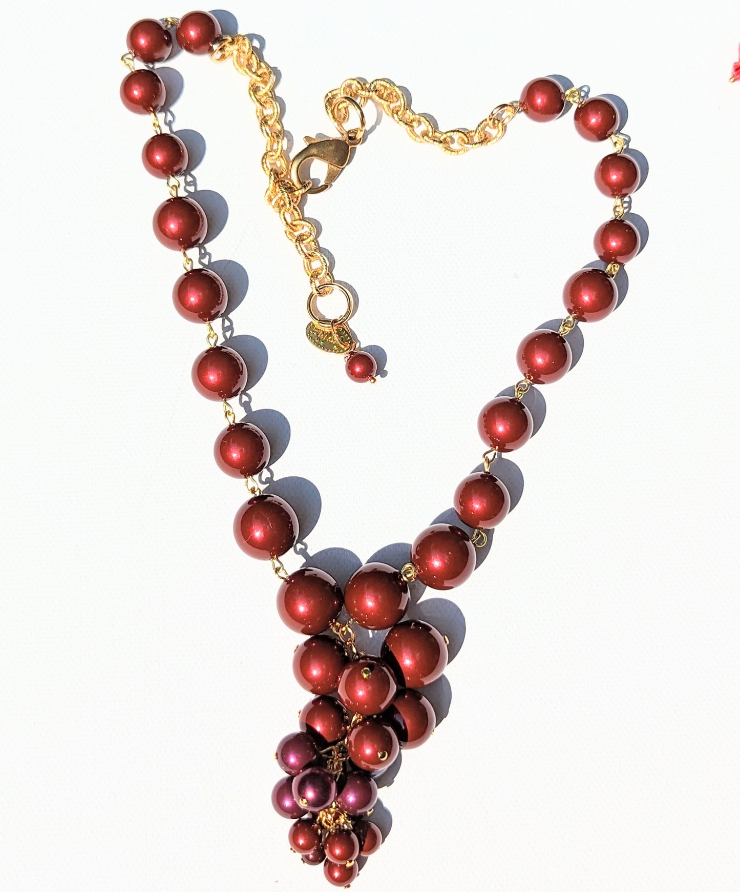 Burgundy Red Grape Cluster Swarovski Pearls Adjustable Gold Plated Chain Sugar Gay Isber Gift Box