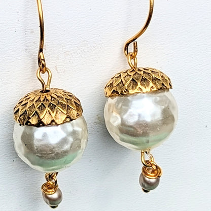 Gold Plated US made Acorn Caps on Vintage Pearls Earrings USA Made Hooks Sugar Gay Isber 1.75 inches