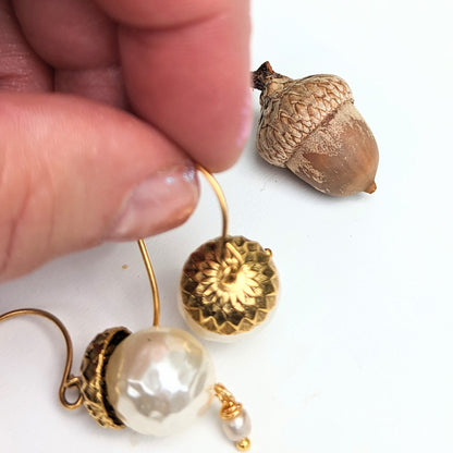 Gold Plated US made Acorn Caps on Vintage Pearls Earrings USA Made Hooks Sugar Gay Isber 1.75 inches