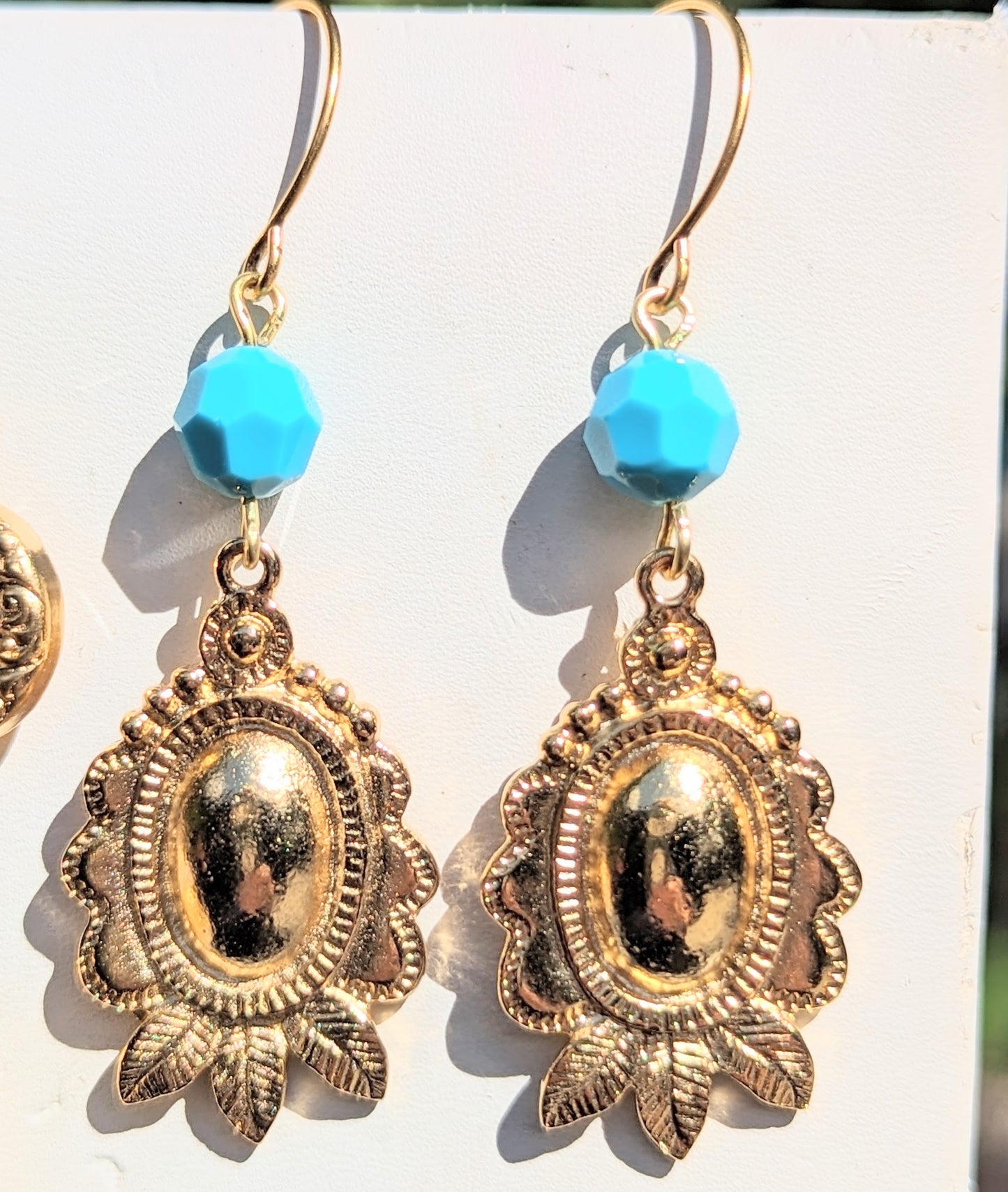 Gold Plated Earrings Swarovski Turquoise 2.1 inch Long USA Made by Sugar Gay Isber unisex-adult