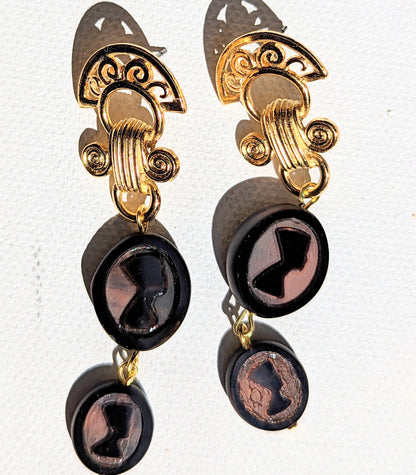 Roman Gold Plated Post Earrings with Vintage Nefertiti Glass Beads Earrings 2.5 inch Long USA Made by Sugar Gay Isber unisex-adult