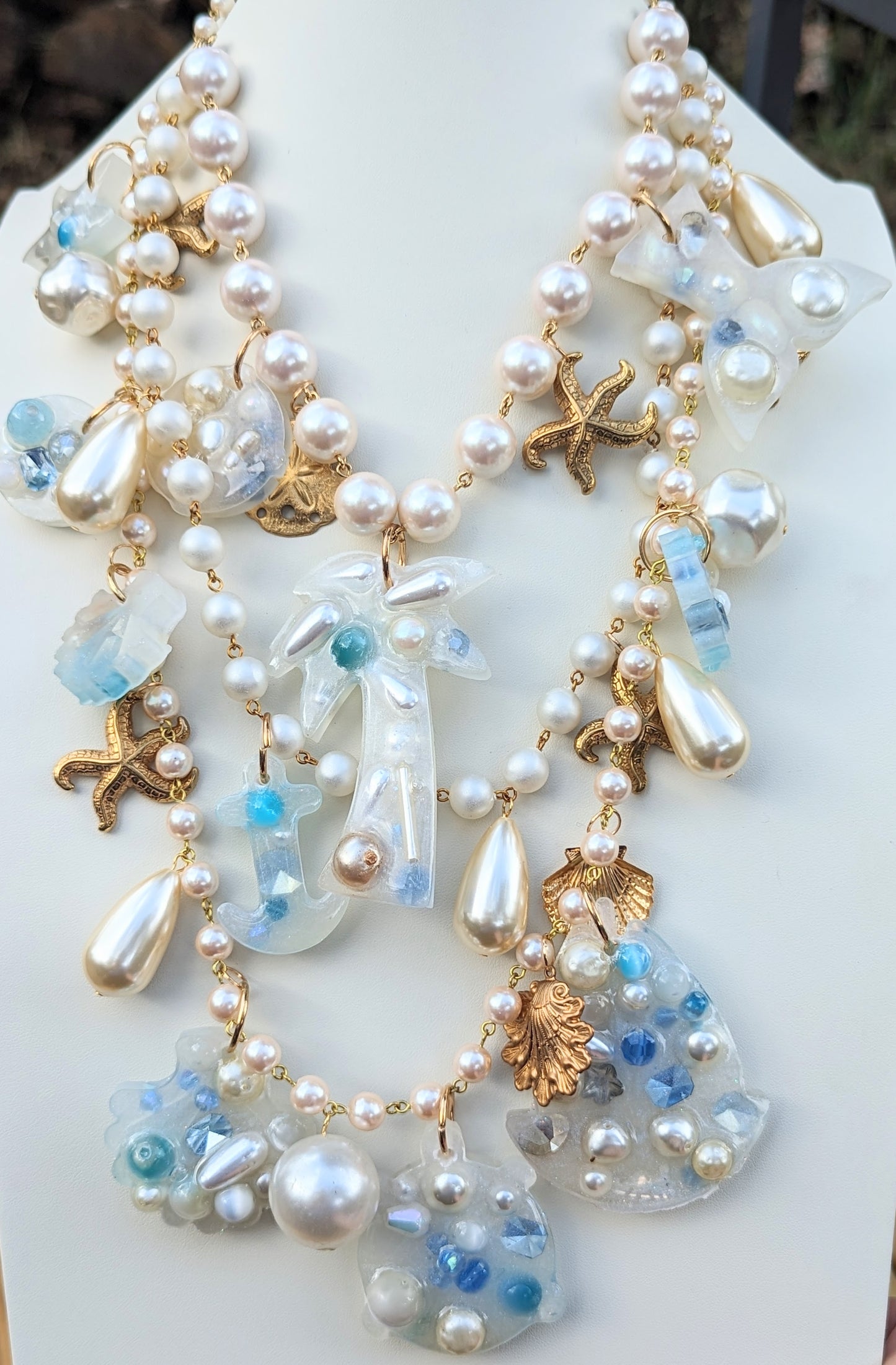 Beach Wedding Necklace Pale Blue with Vintage Pearls Bonus FREE Matching Earrings One-of-a-kind Sugar Gay Isber 3-strand