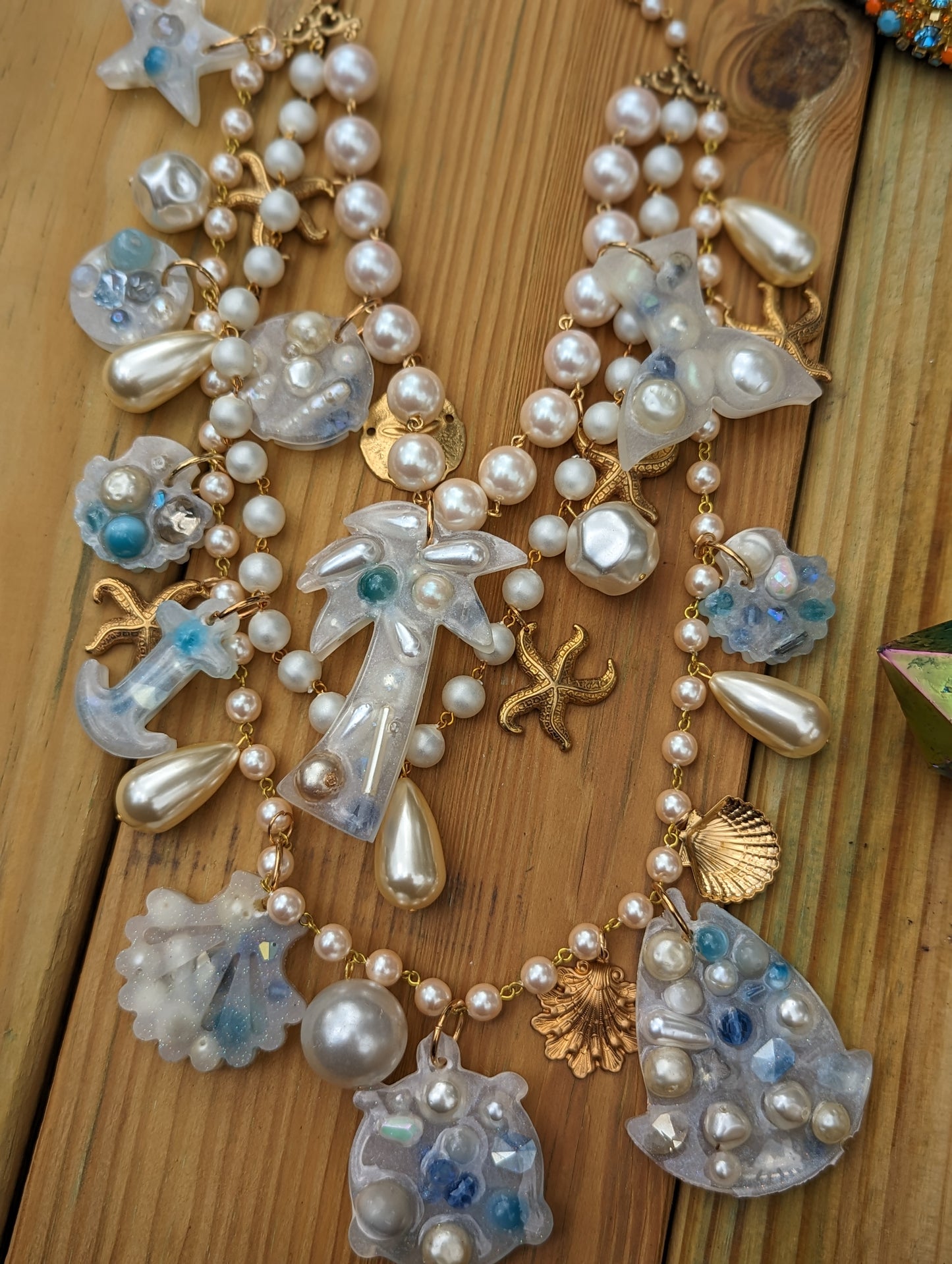 Beach Wedding Necklace Pale Blue with Vintage Pearls Bonus FREE Matching Earrings One-of-a-kind Sugar Gay Isber 3-strand