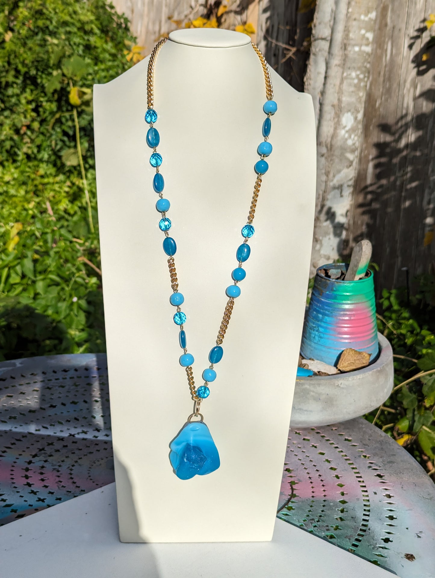 Blue Glass Beads inset into a gold chain with a glass pendant beach weddings Sugar Gay Isber necklace UNISEX