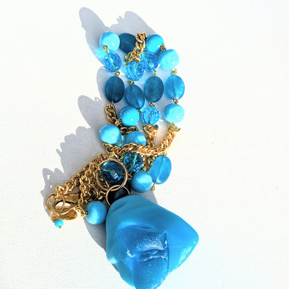 Blue Glass Beads inset into a gold chain with a glass pendant beach weddings Sugar Gay Isber necklace UNISEX