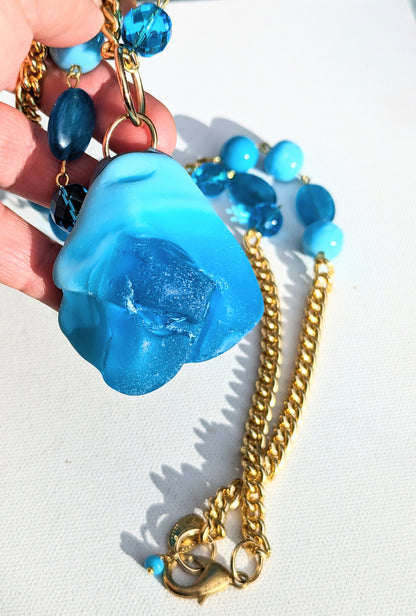 Blue Glass Beads inset into a gold chain with a glass pendant beach weddings Sugar Gay Isber necklace UNISEX