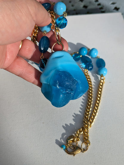 Blue Glass Beads inset into a gold chain with a glass pendant beach weddings Sugar Gay Isber necklace UNISEX