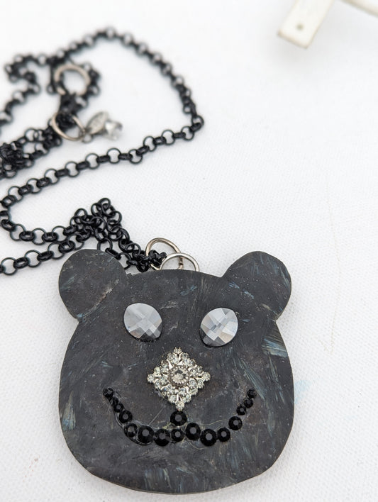 Bear Pendant Firestone Swarvoskis Black Long Chain Handmade One of a kind Sugar Gay Isber