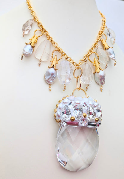 Extra large crystal drop, XL baroque pearls, Gold, Swarvoski, faceted quartz beads Sugar Gay Isber bridal necklace