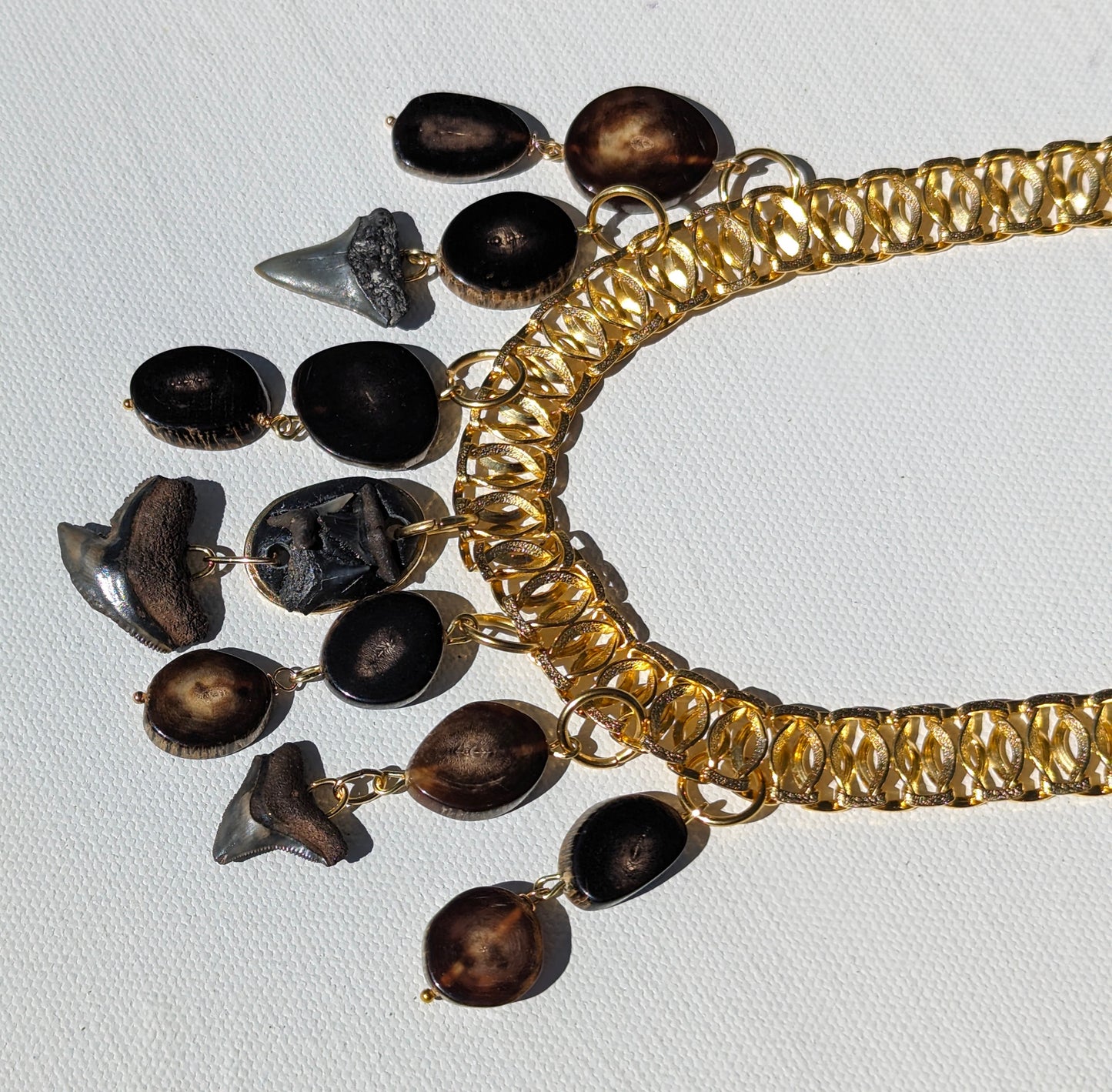 One-of-a-Kind Fossilized Shark Teeth and Vintage Horn Necklace - Designed by Award-Winning Artist Sugar Gay Isber