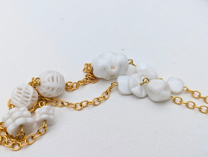 Vintage Porcelain White Flowers Necklace + Post Earrings Set Gold Plated USA Made Sugar Gay Isber