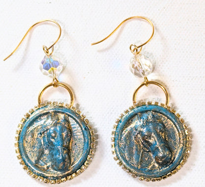 Highly Detailed Blue Gold Resin Horse Earrings 2.8 inches USA Made by Designer Sugar Gay Isber unisex-adult