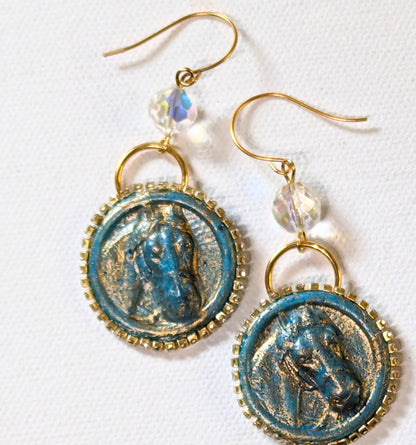 Highly Detailed Blue Gold Resin Horse Earrings 2.8 inches USA Made by Designer Sugar Gay Isber unisex-adult