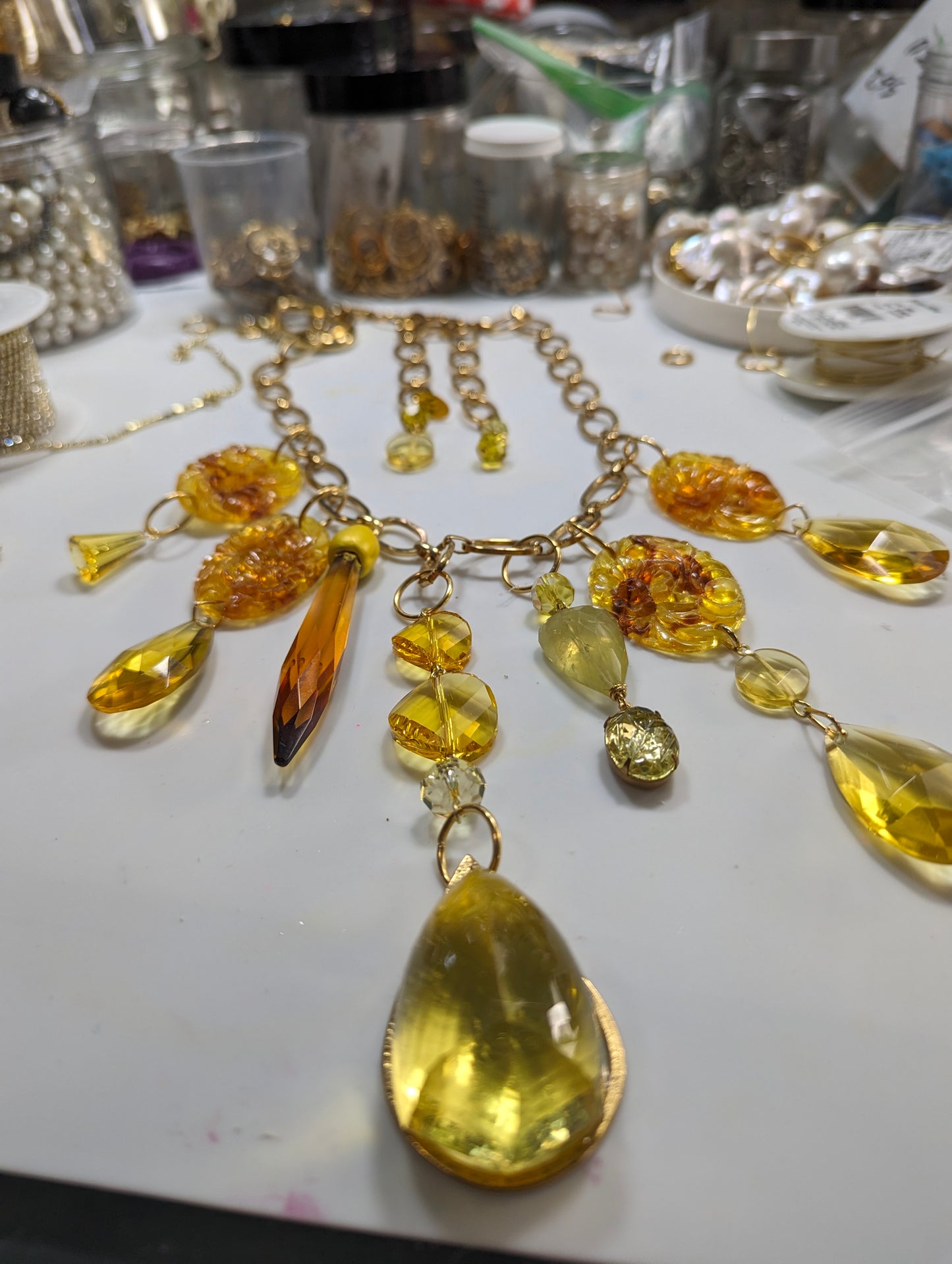 Yellow 200-carat Hand-cut Fancy Citrine Necklace Vintage Swarovskis Artisan USA Sugar Gay Isber